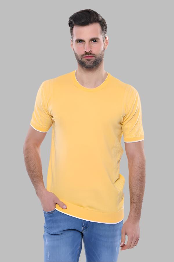 Circle Neck Patterned Yellow Knitted T-Shirt