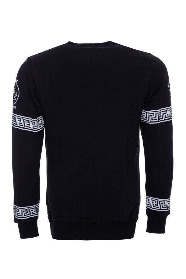 Circle Neck White Printed Over Black Sweatshirt - Wessi