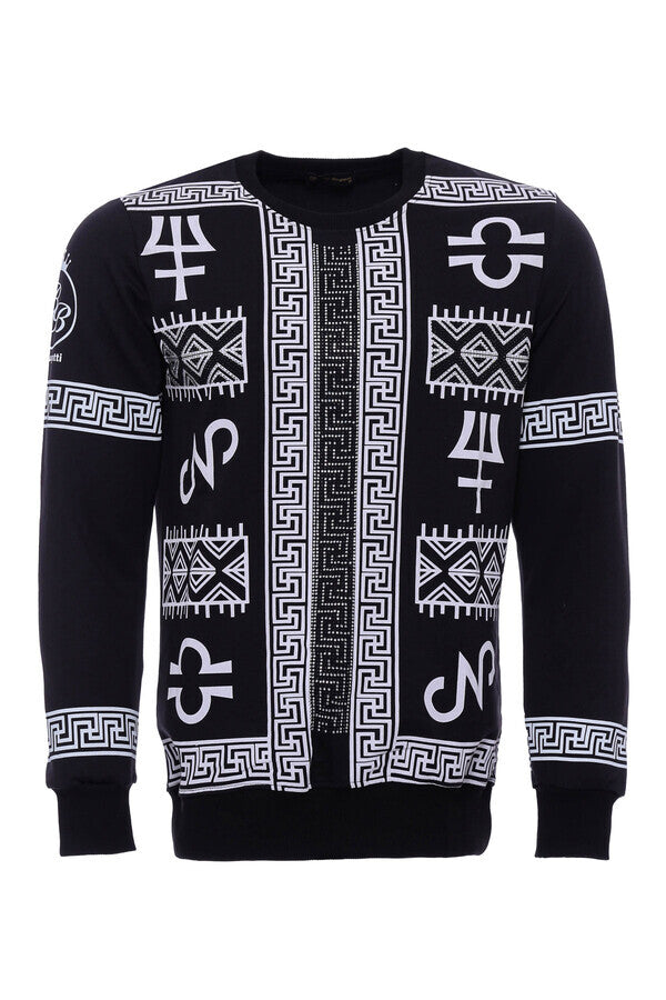 Circle Neck White Printed Over Black Sweatshirt - Wessi