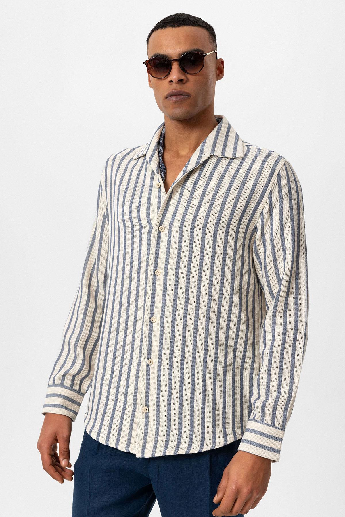 Men's Indigo Striped Knit Long-Sleeve Shirt
