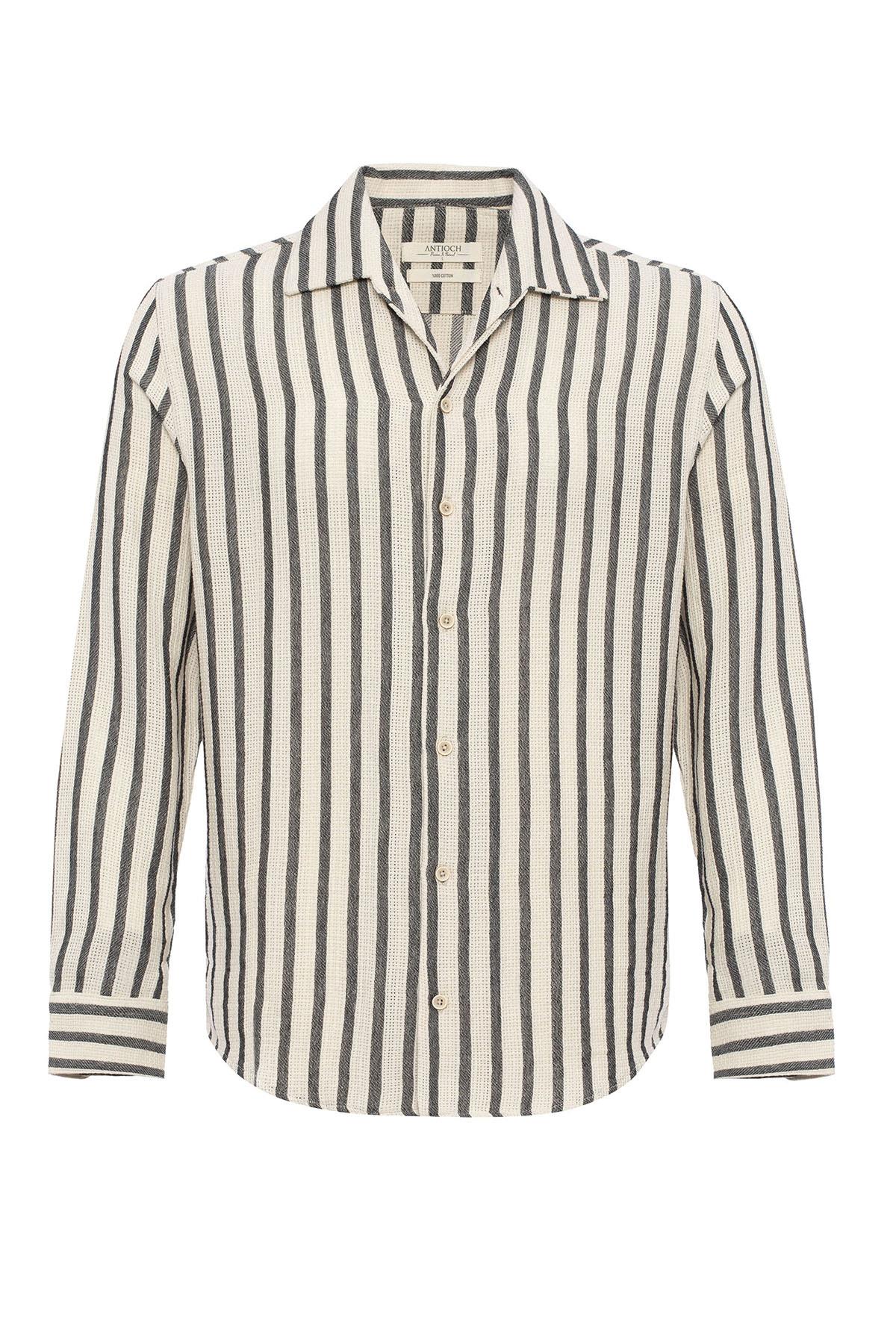 Men's Black Striped Knit Long-Sleeve Shirt - Wessi