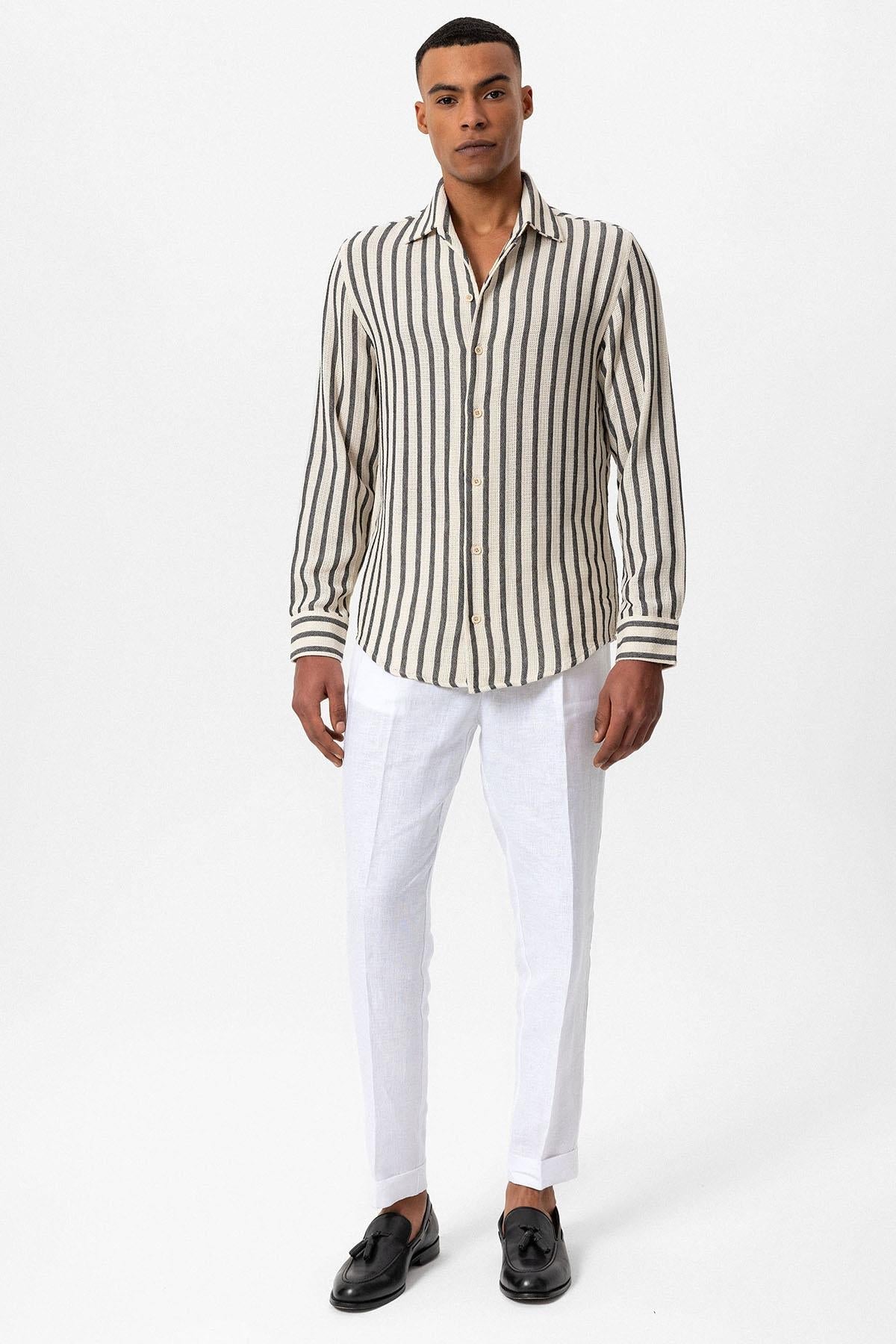 Men's Black Striped Knit Long-Sleeve Shirt - Wessi