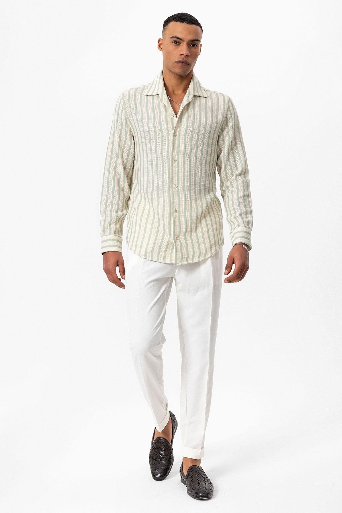 Men's Mint Striped Knit Long-Sleeve Shirt