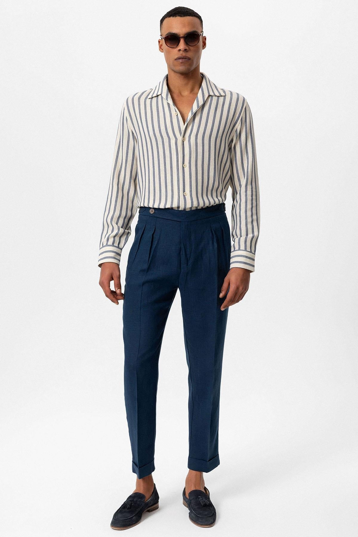 Men's Indigo Striped Knit Long-Sleeve Shirt