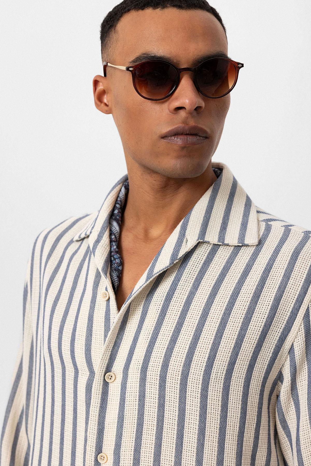 Men's Indigo Striped Knit Long-Sleeve Shirt