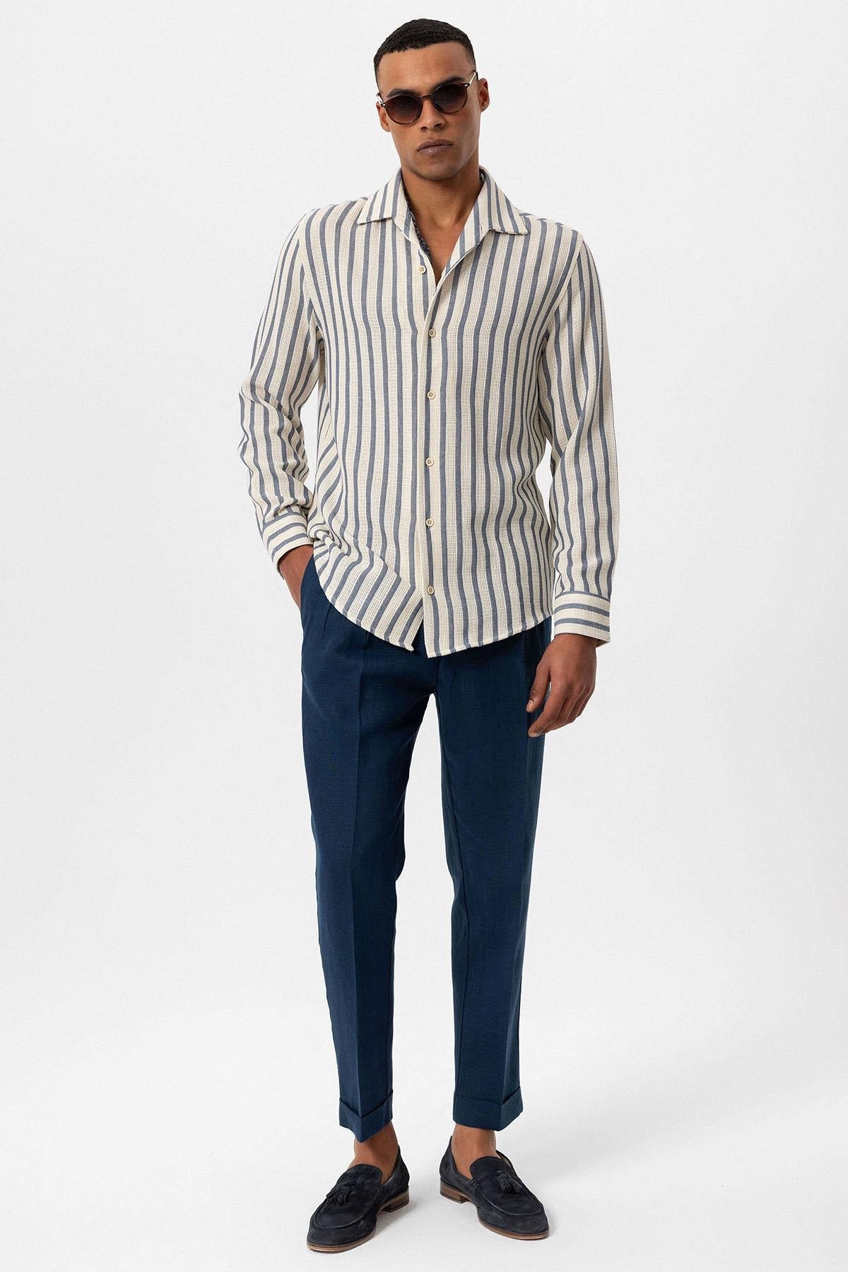 Men's Indigo Striped Knit Long-Sleeve Shirt