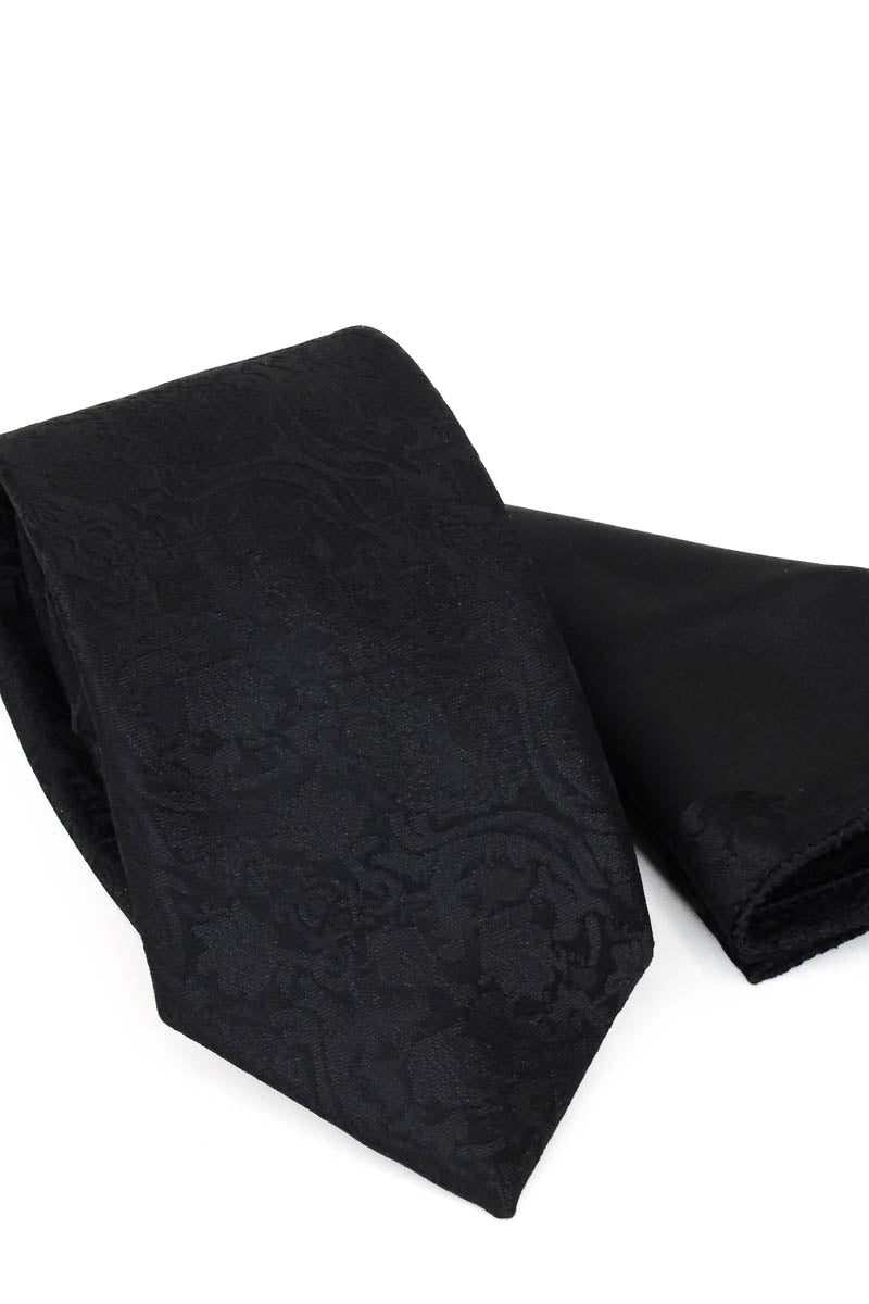 KOALA SYDNEY Black Damask Patterned Tie and Pocket Square Set
