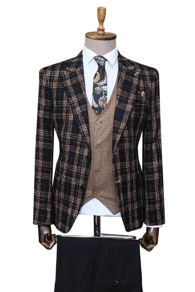 Black Plaid Jacket, Beige Vest, White Shirt, and Black Trousers Combo - Modern Classic Look