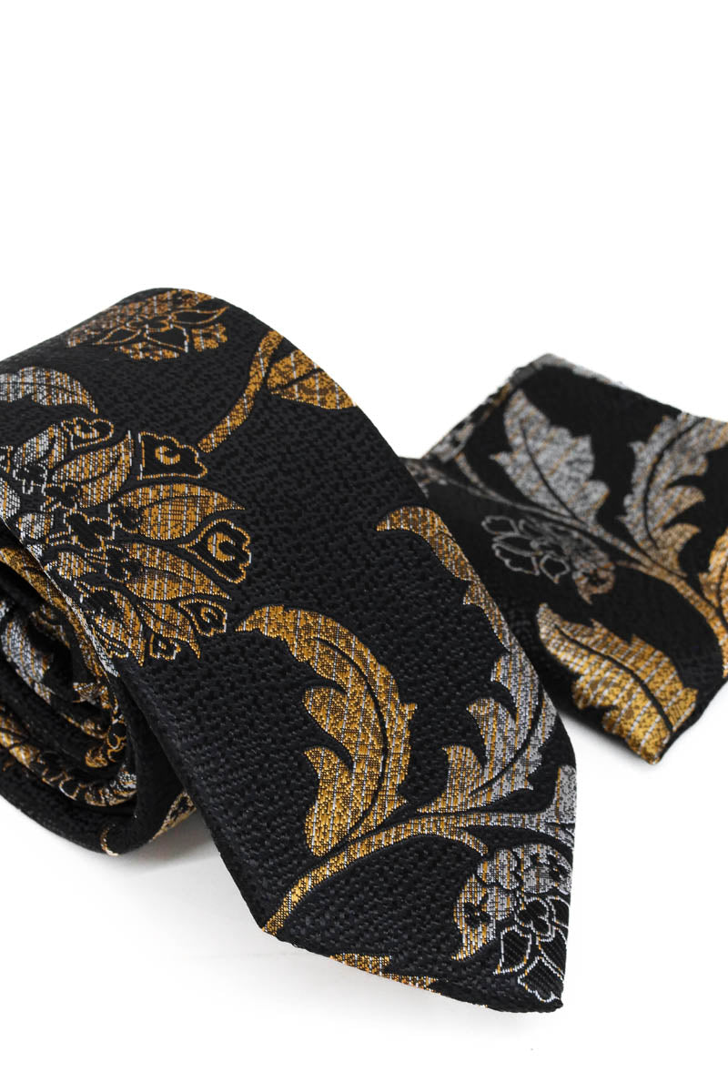 KOALA SYDNEY Black and Gold Patterned Tie and Pocket Square Set