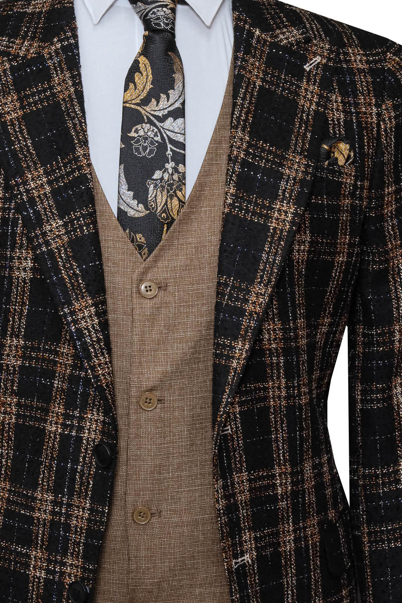 Black Plaid Jacket, Beige Vest, White Shirt, and Black Trousers Combo Modern Classic Look