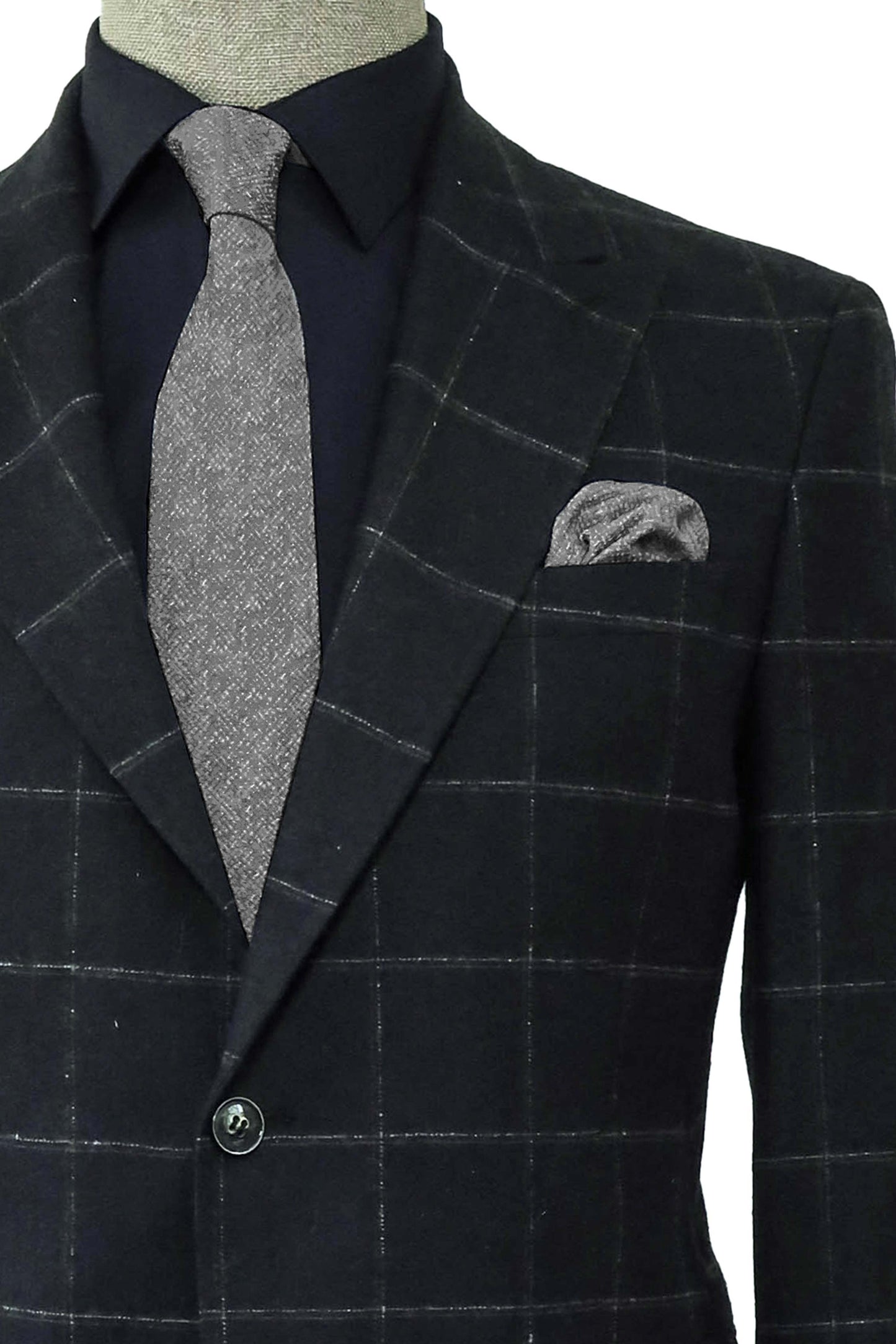 Black Checkered Blazer, Black Shirt, Gray Trousers, and Textured Tie Combination - Prestigious Men's Fashion