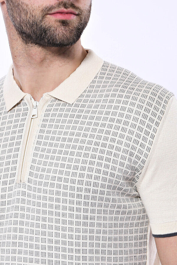 Cream Plaid Zippered Polo Knitted T-Shirt
