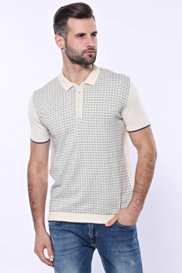 Cream Plaid Zippered Polo Knitted T-Shirt