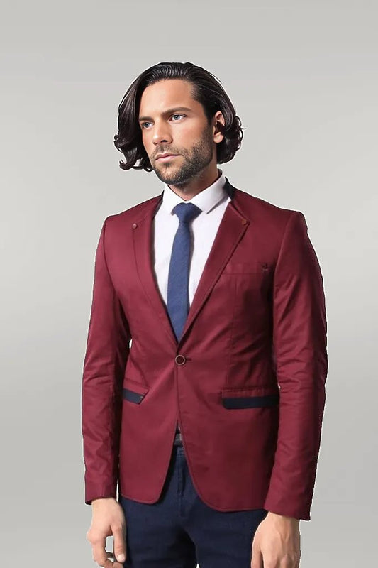 Crew Neck Burgundy Men Blazer