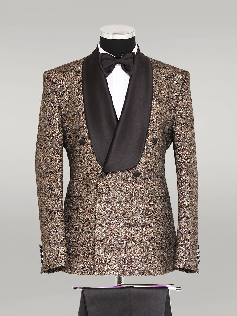 KOALA SYDNEY Brocade Double-Breasted Satin Lapel Gold and Black Men's Tuxedo with Bow Tie