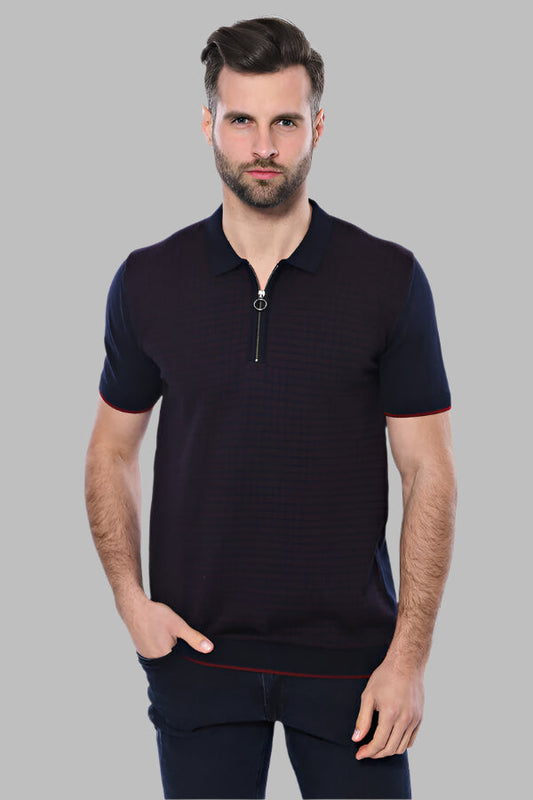Dark Blue Plaid Zippered Knitted Polo T-Shirt