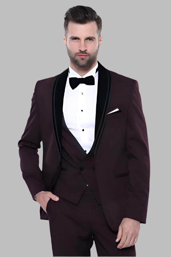 Detachable Velvet Lapel Burgundy Tuxedo - Wessi