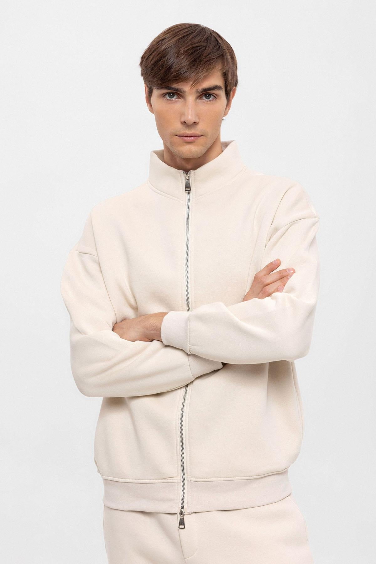 KOALA SYDNEY Men's Beige High Collar Double Zipper Closure Sweatshirt