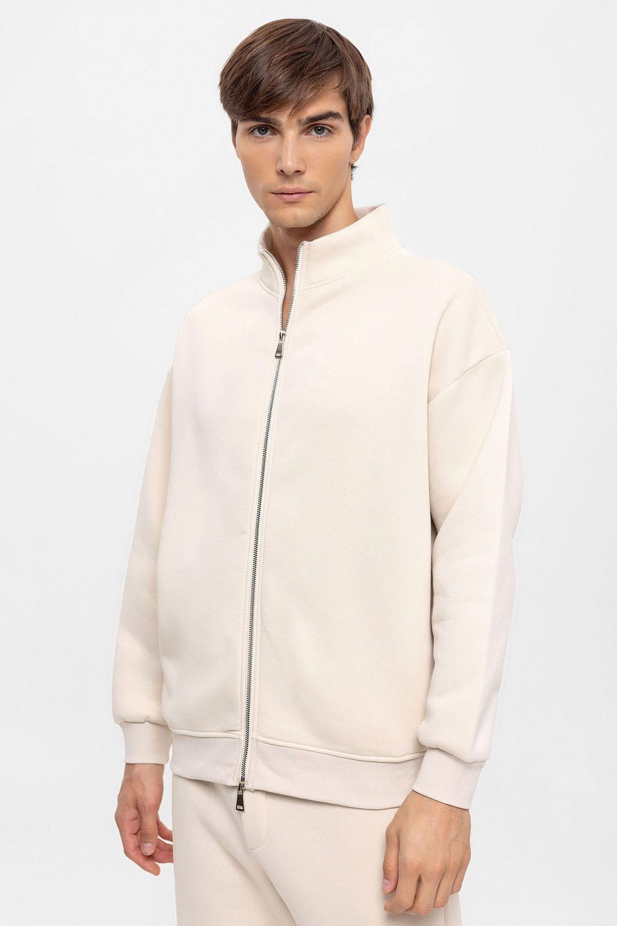 KOALA SYDNEY Men's Beige High Collar Double Zipper Closure Sweatshirt