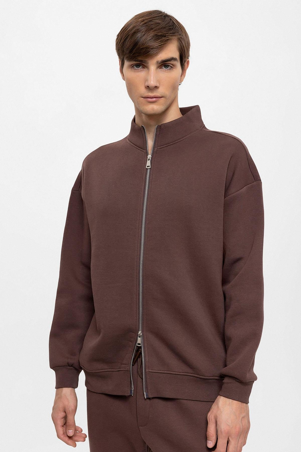 KOALA SYDNEY Men's Brown High Collar Double Zipper Closure Sweatshirt