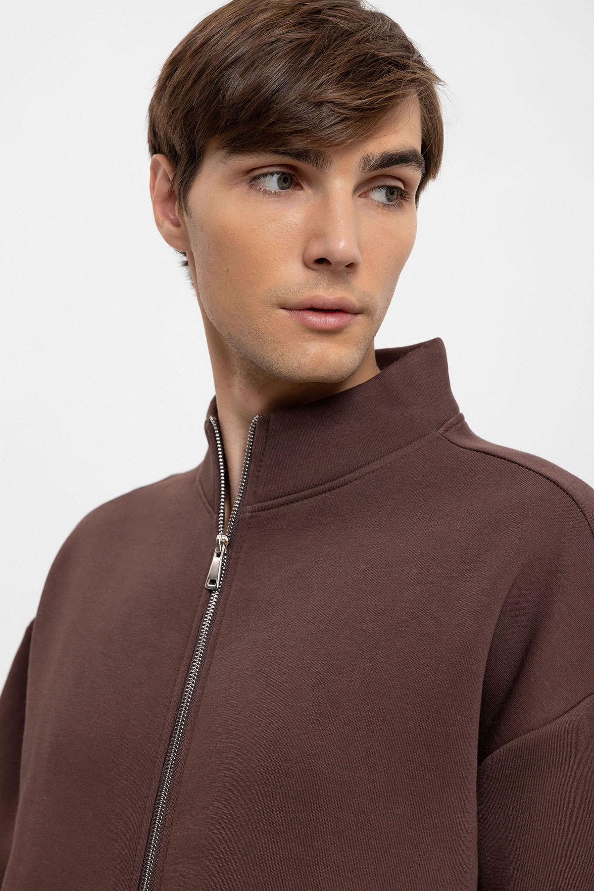 KOALA SYDNEY Men's Brown High Collar Double Zipper Closure Sweatshirt
