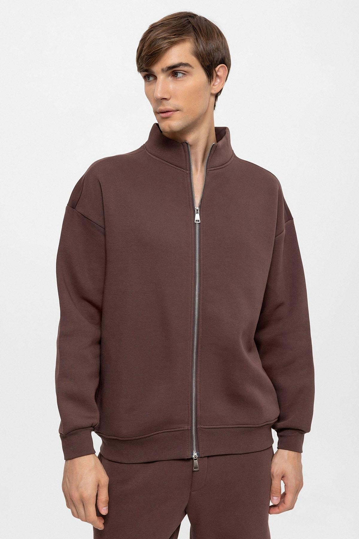 KOALA SYDNEY Men's Brown High Collar Double Zipper Closure Sweatshirt