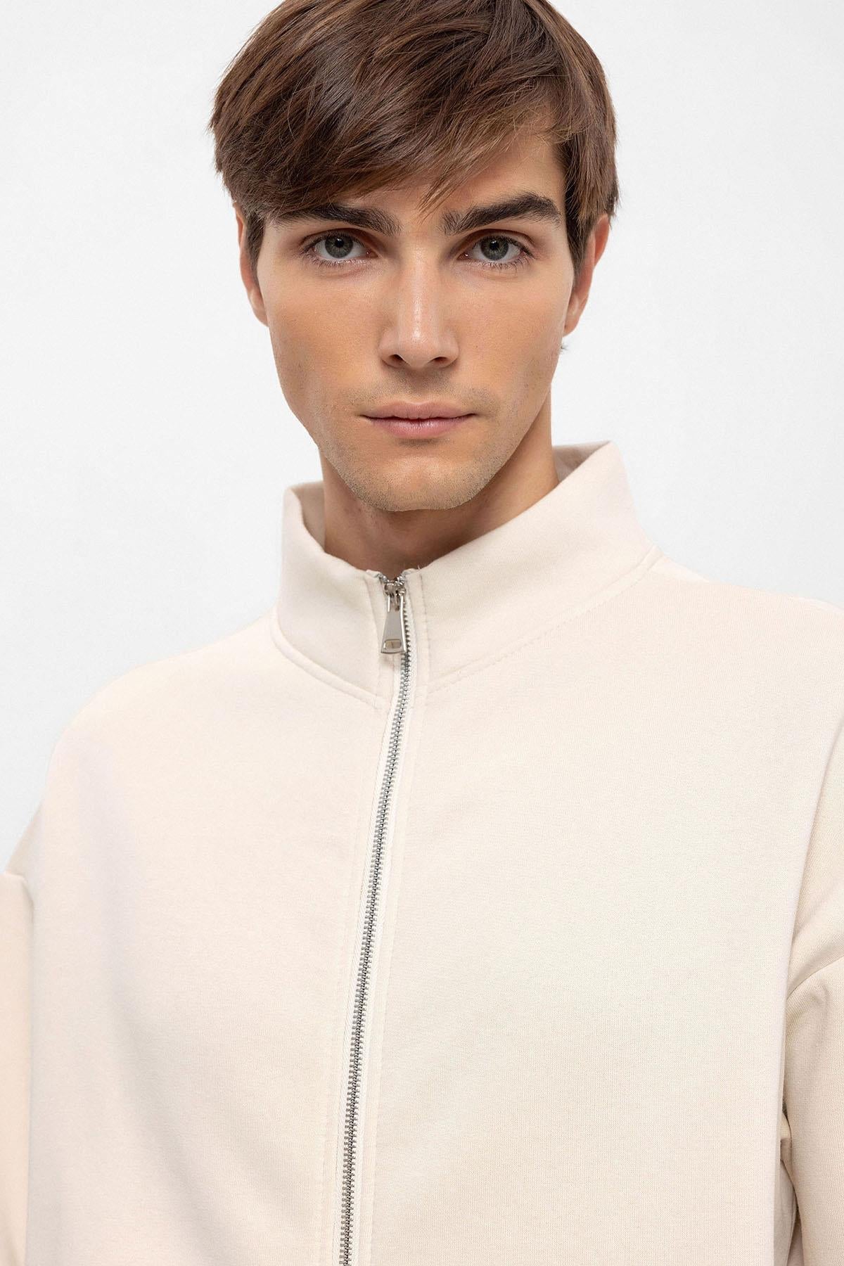 KOALA SYDNEY Men's Beige High Collar Double Zipper Closure Sweatshirt