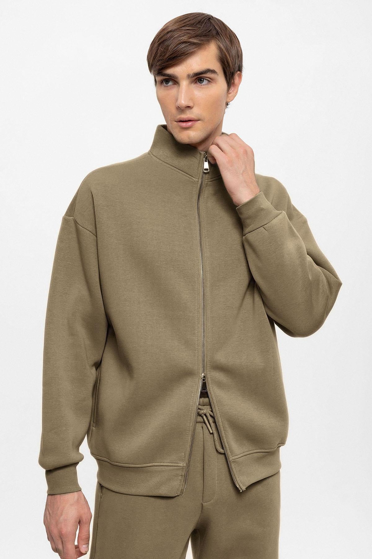 KOALA SYDNEY Men's Khaki High Collar Double Zipper Closure Sweatshirt