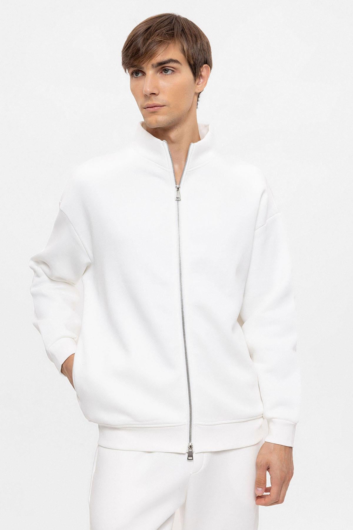 KOALA SYDNEY Men's Ecru High Collar Double Zipper Closure Sweatshirt