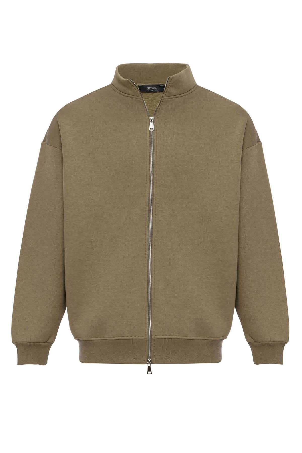 KOALA SYDNEY Men's Khaki High Collar Double Zipper Closure Sweatshirt