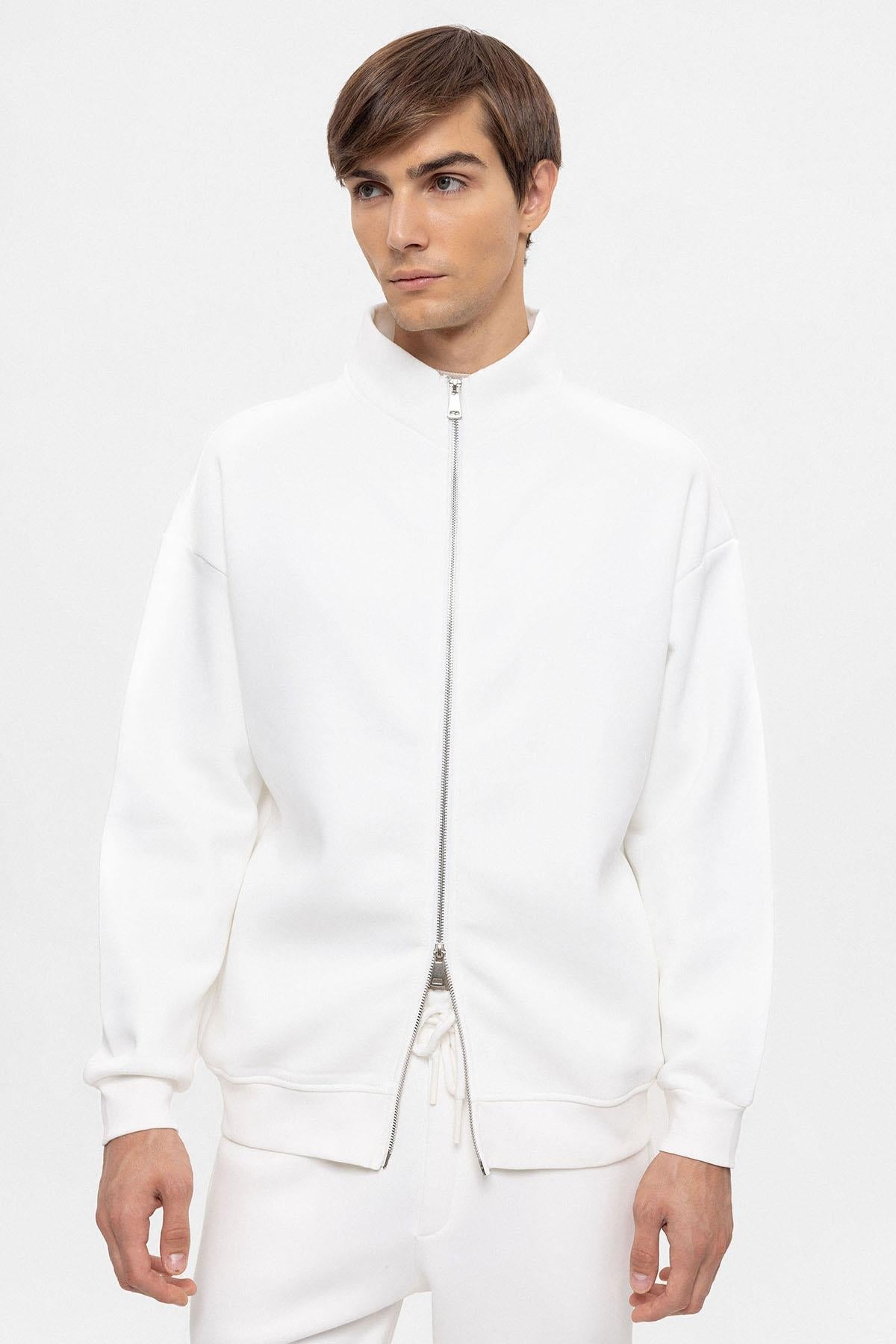 Men's Ecru High Collar Double Zipper Closure Sweatshirt