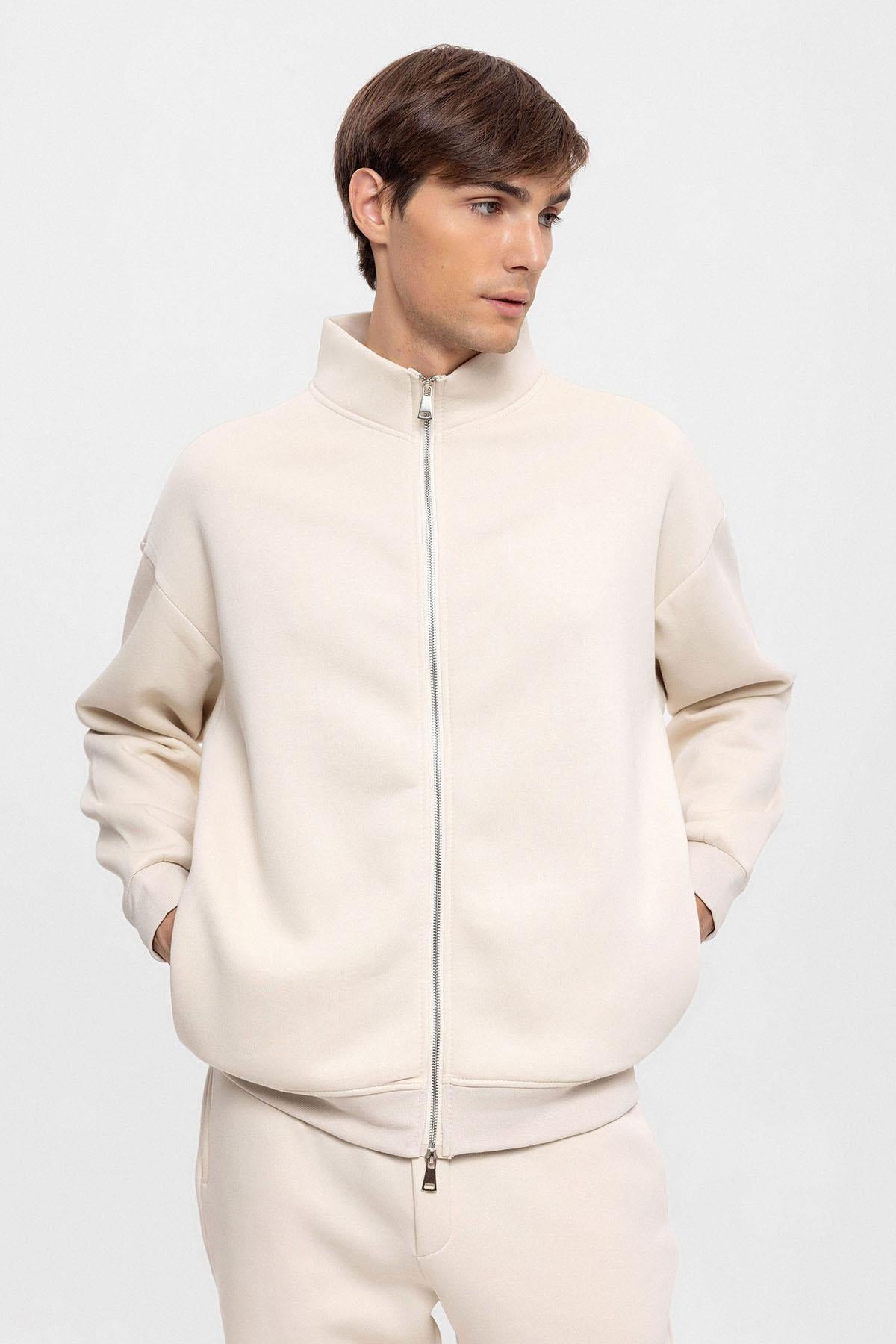 KOALA SYDNEY Men's Beige High Collar Double Zipper Closure Sweatshirt