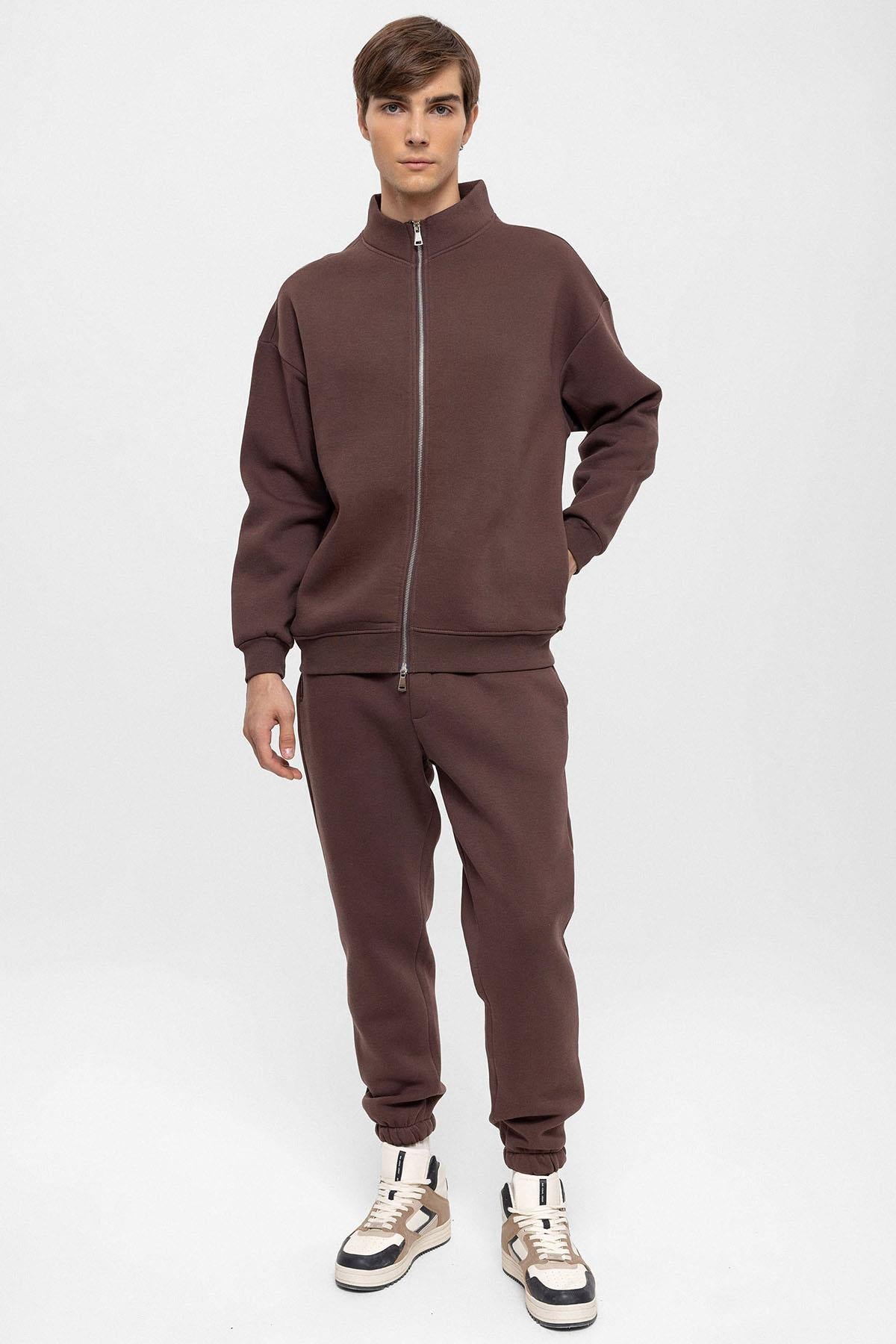 KOALA SYDNEY Men's Brown High Collar Double Zipper Closure Sweatshirt