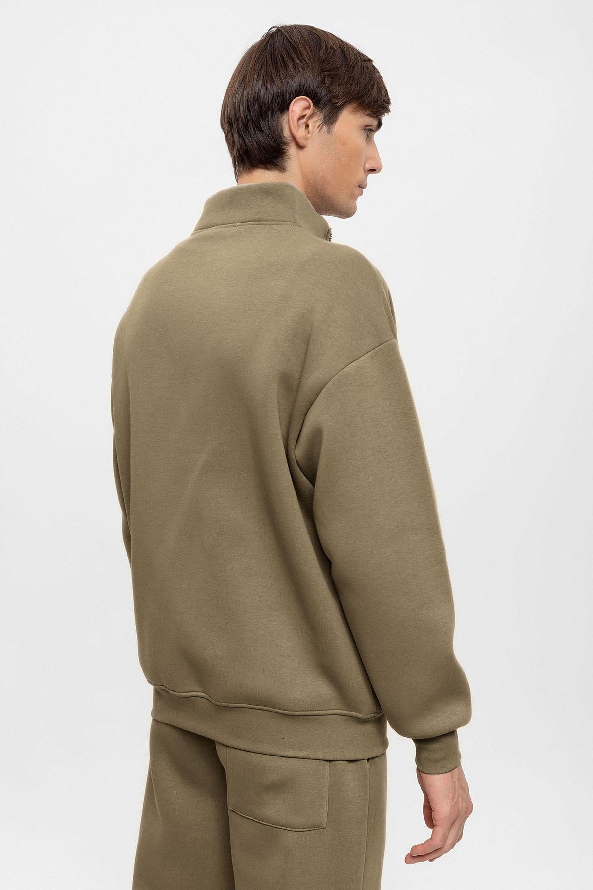 KOALA SYDNEY Men's Khaki High Collar Double Zipper Closure Sweatshirt