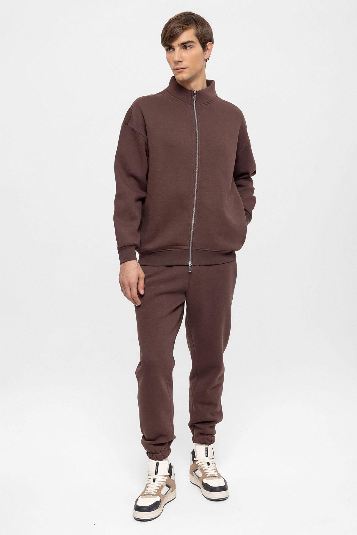 KOALA SYDNEY Men's Brown High Collar Double Zipper Closure Sweatshirt