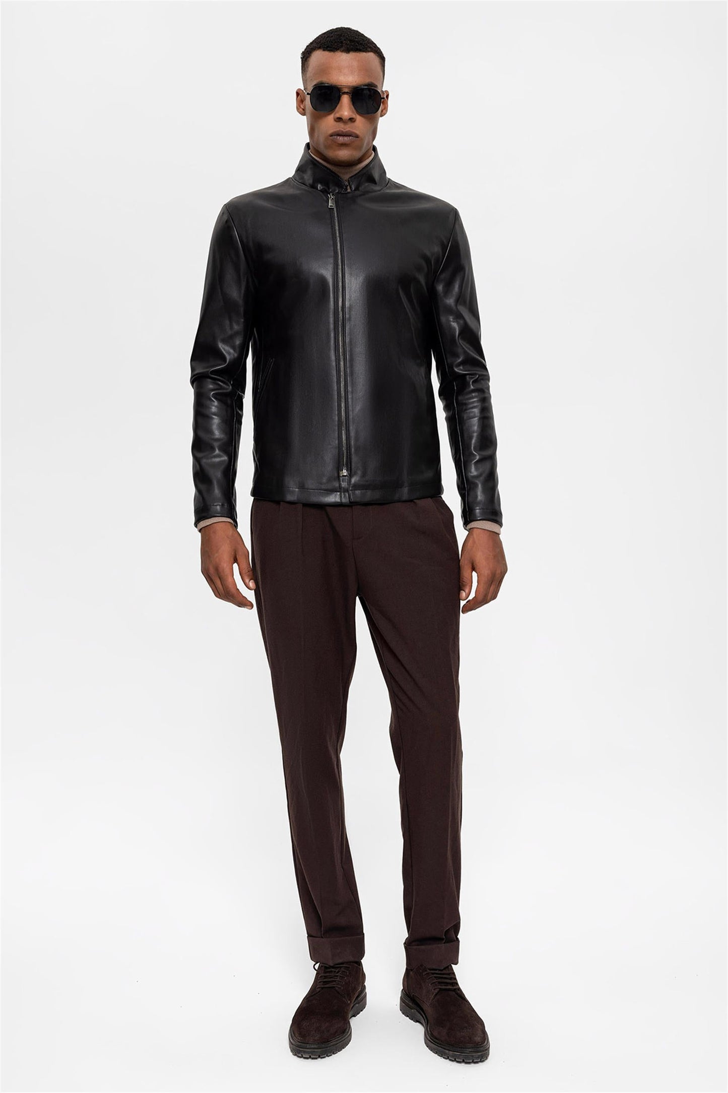 Men's Black Stand Collar Leather Jacket