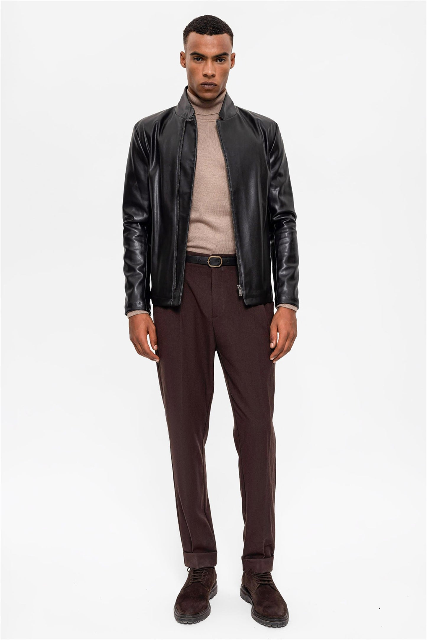 Men's Black Stand Collar Leather Jacket