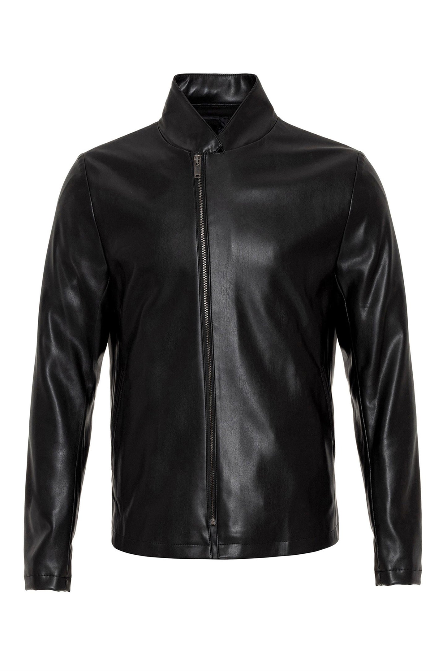 Men's Black Stand Collar Leather Jacket