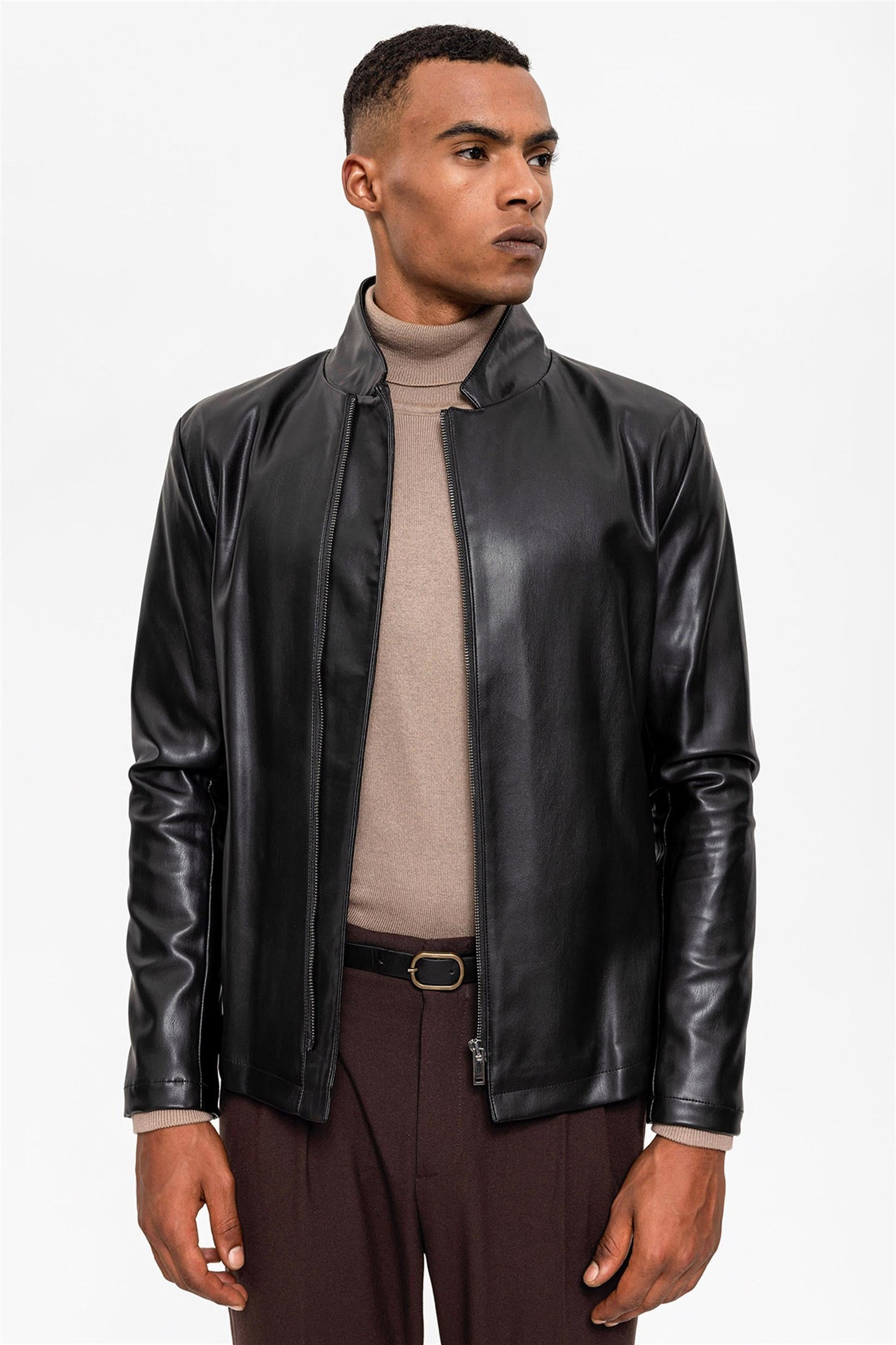 Men's Black Stand Collar Leather Jacket