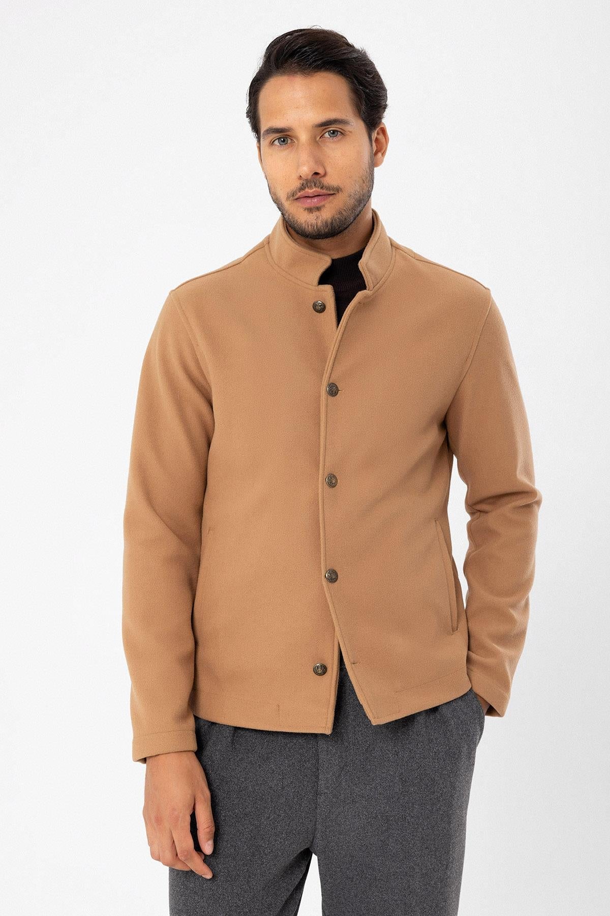 Men's Camel High Collar Cashmere Coat