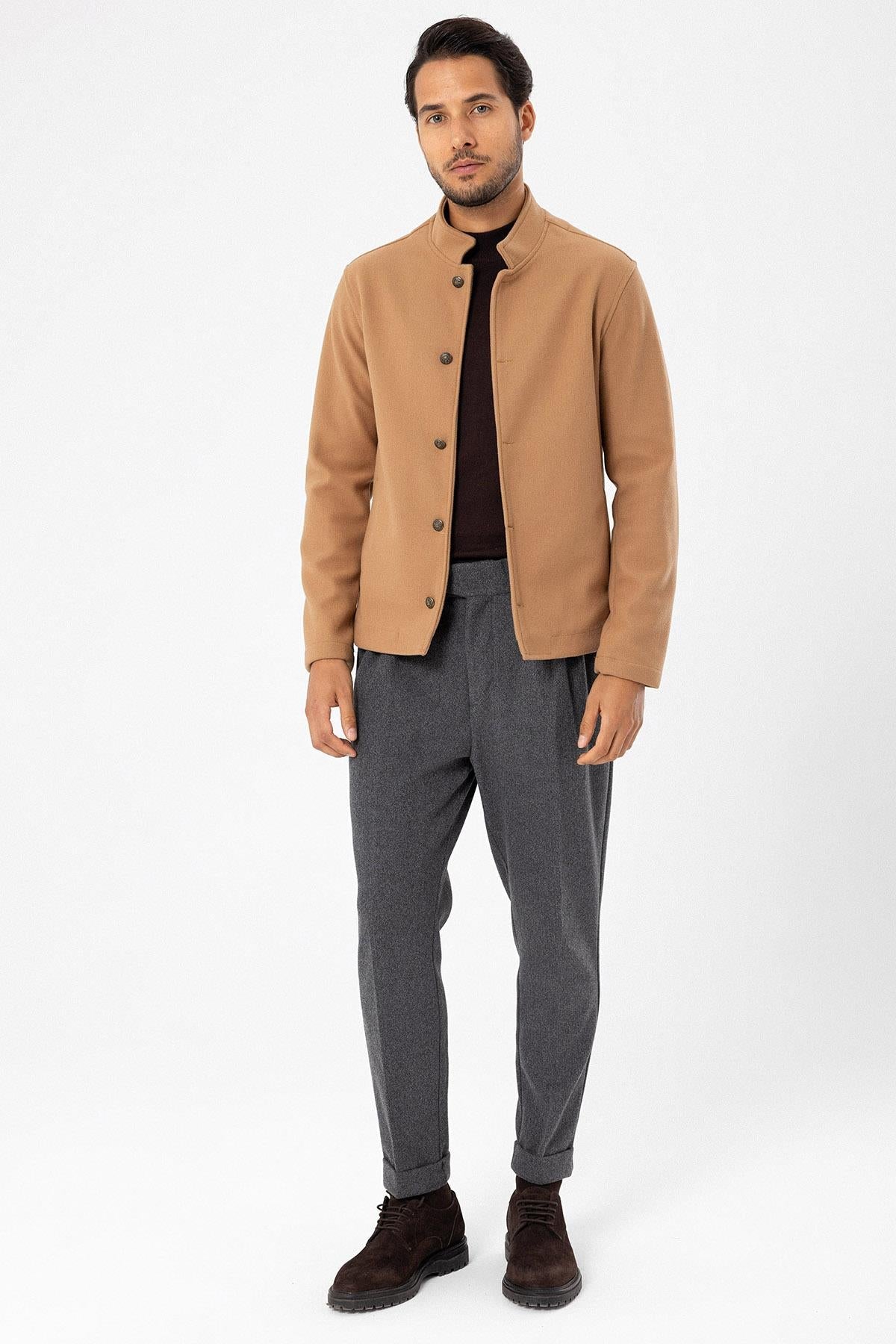 Men's Camel High Collar Cashmere Coat