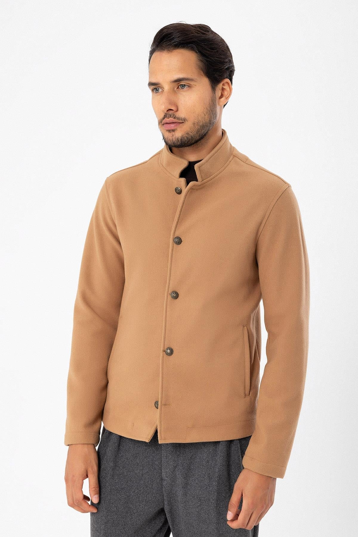 Men's Camel High Collar Cashmere Coat