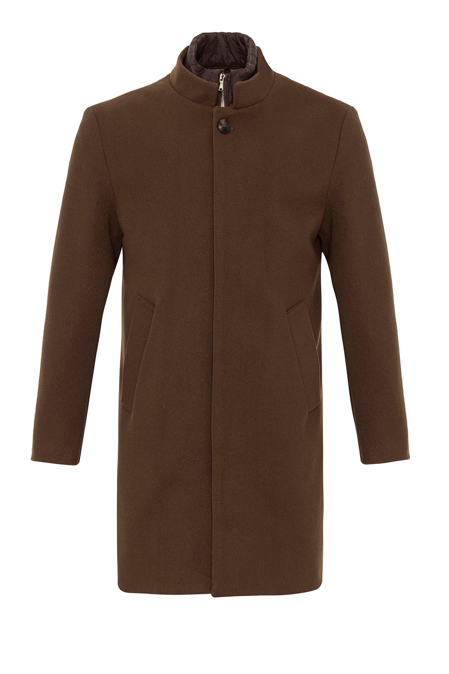Brown High Collar Men's Coat with Hidden Button Detail