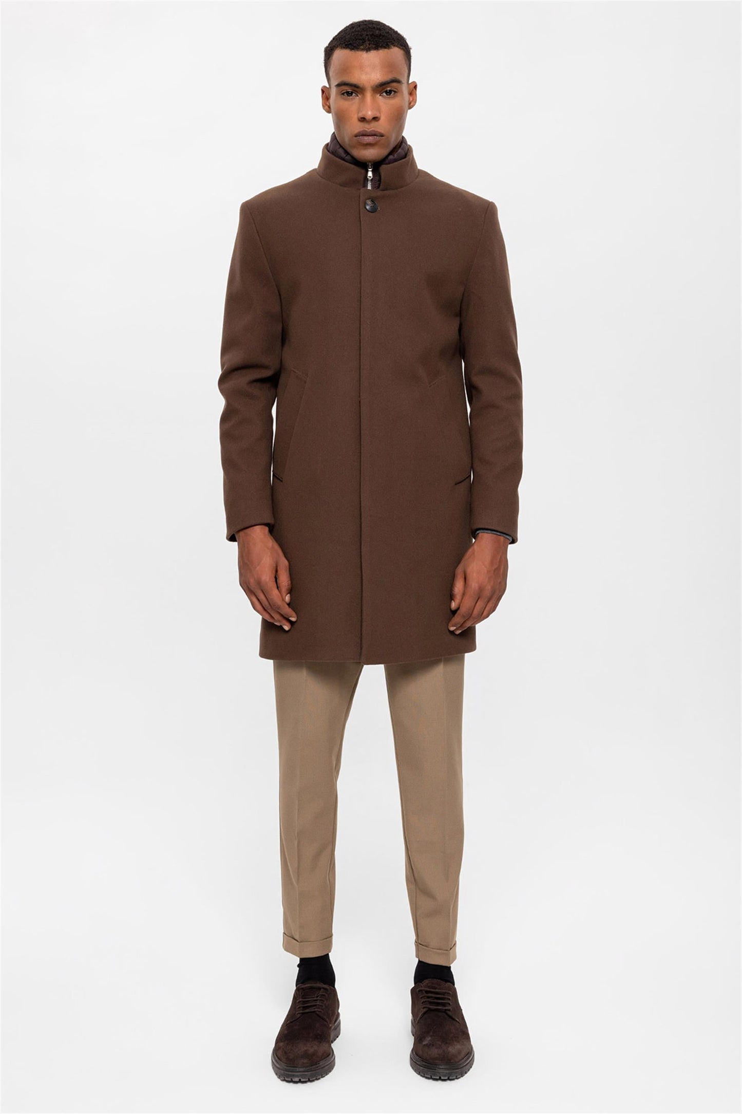 Brown High Collar Men's Coat with Hidden Button Detail