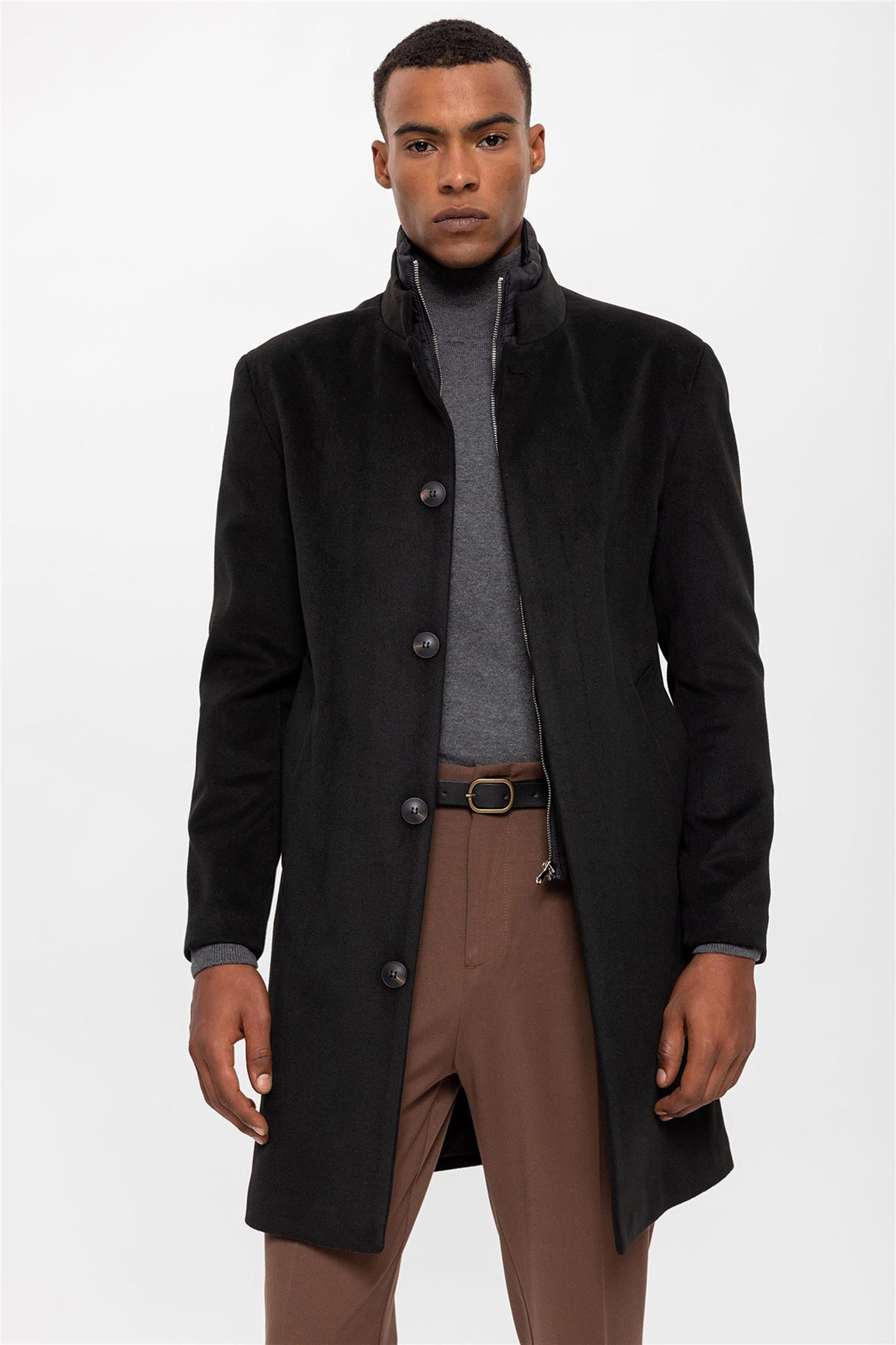 Black High Collar Men's Coat with Hidden Button Detail
