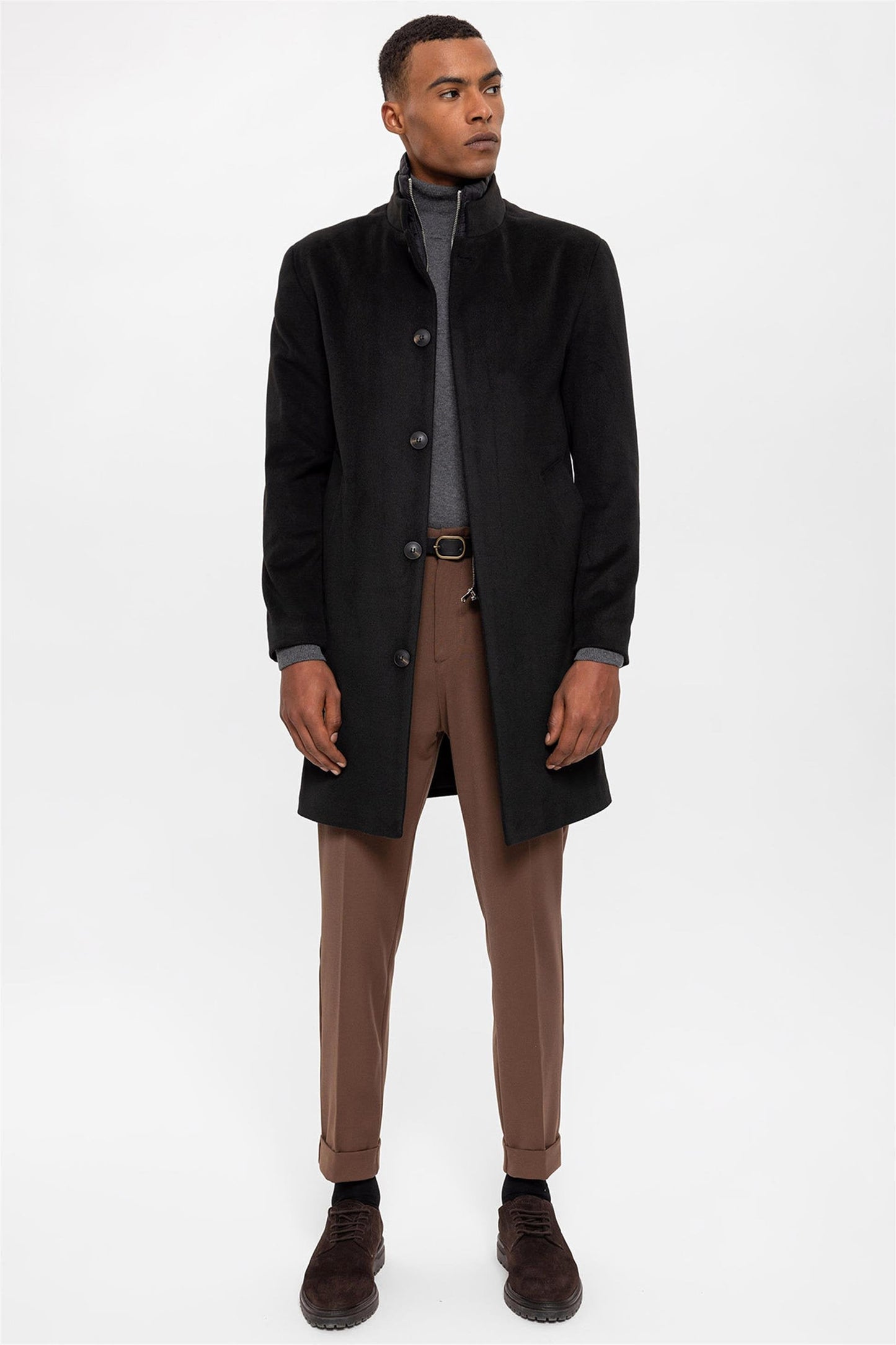Black High Collar Men's Coat with Hidden Button Detail