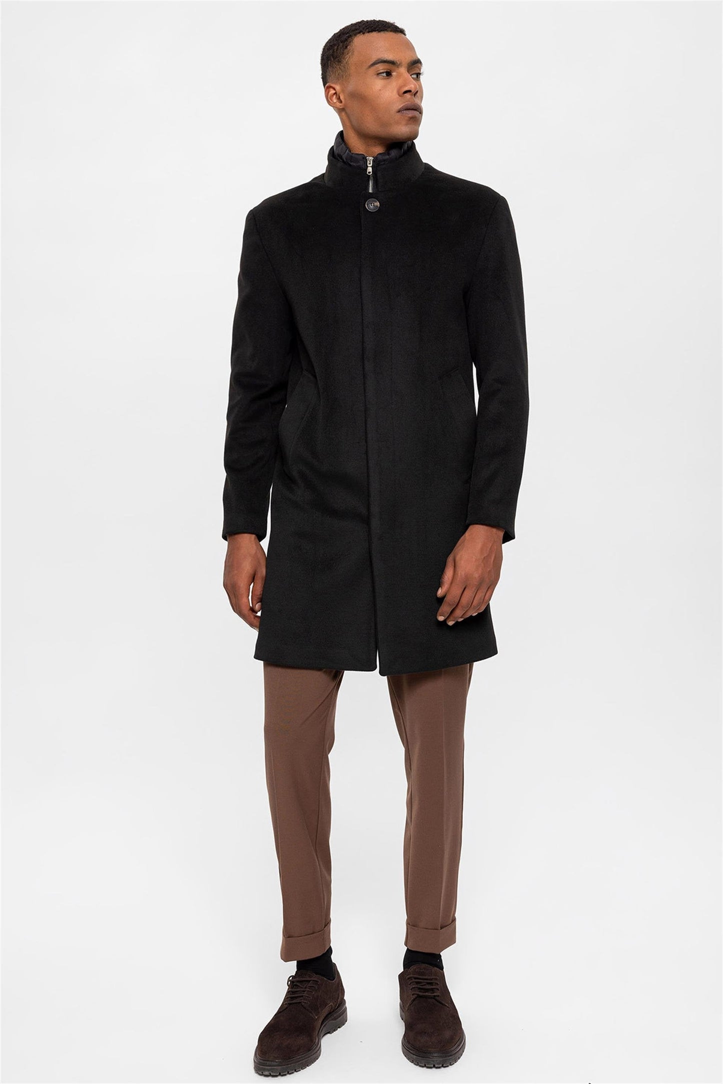 Black High Collar Men's Coat with Hidden Button Detail