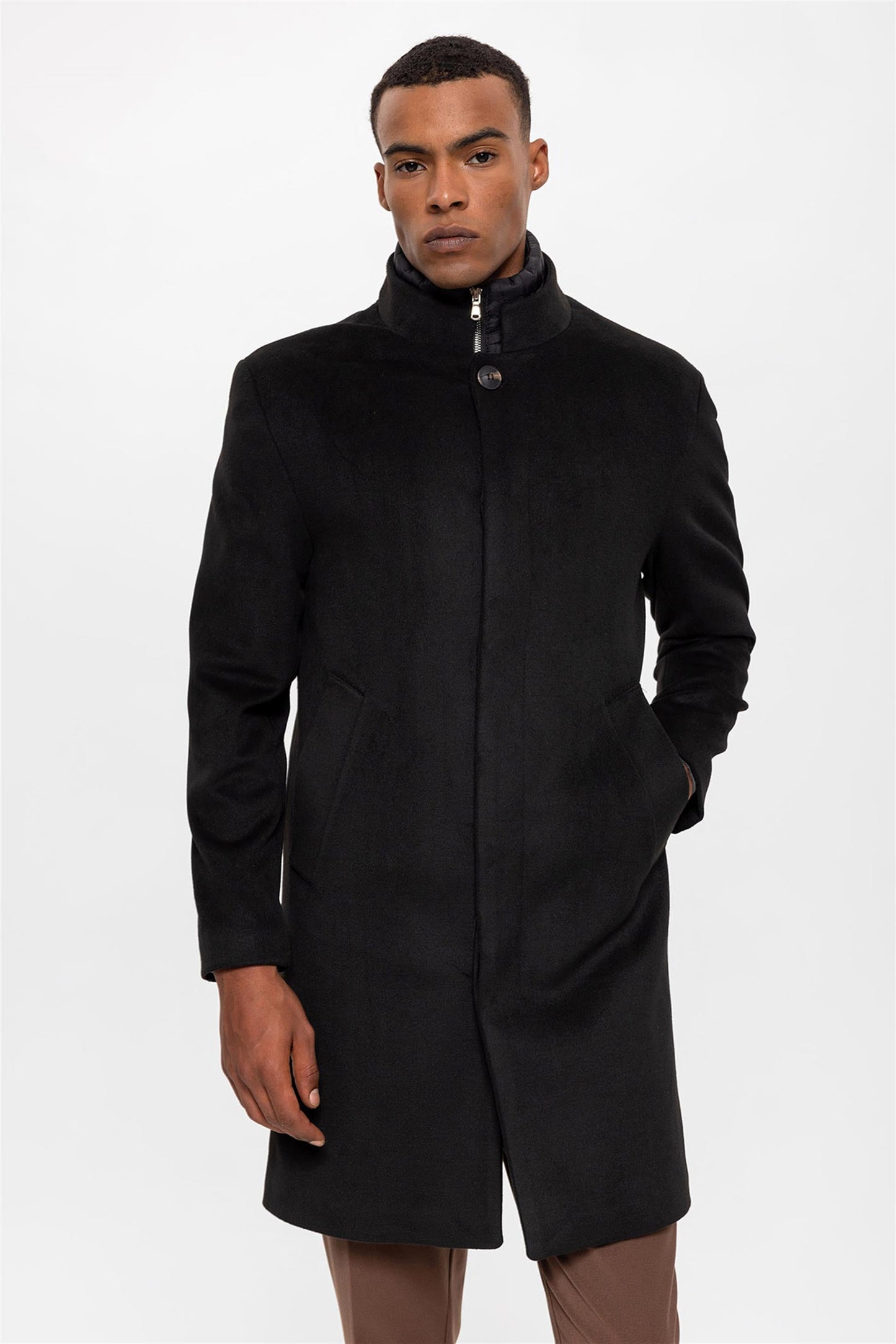 Black High Collar Men's Coat with Hidden Button Detail