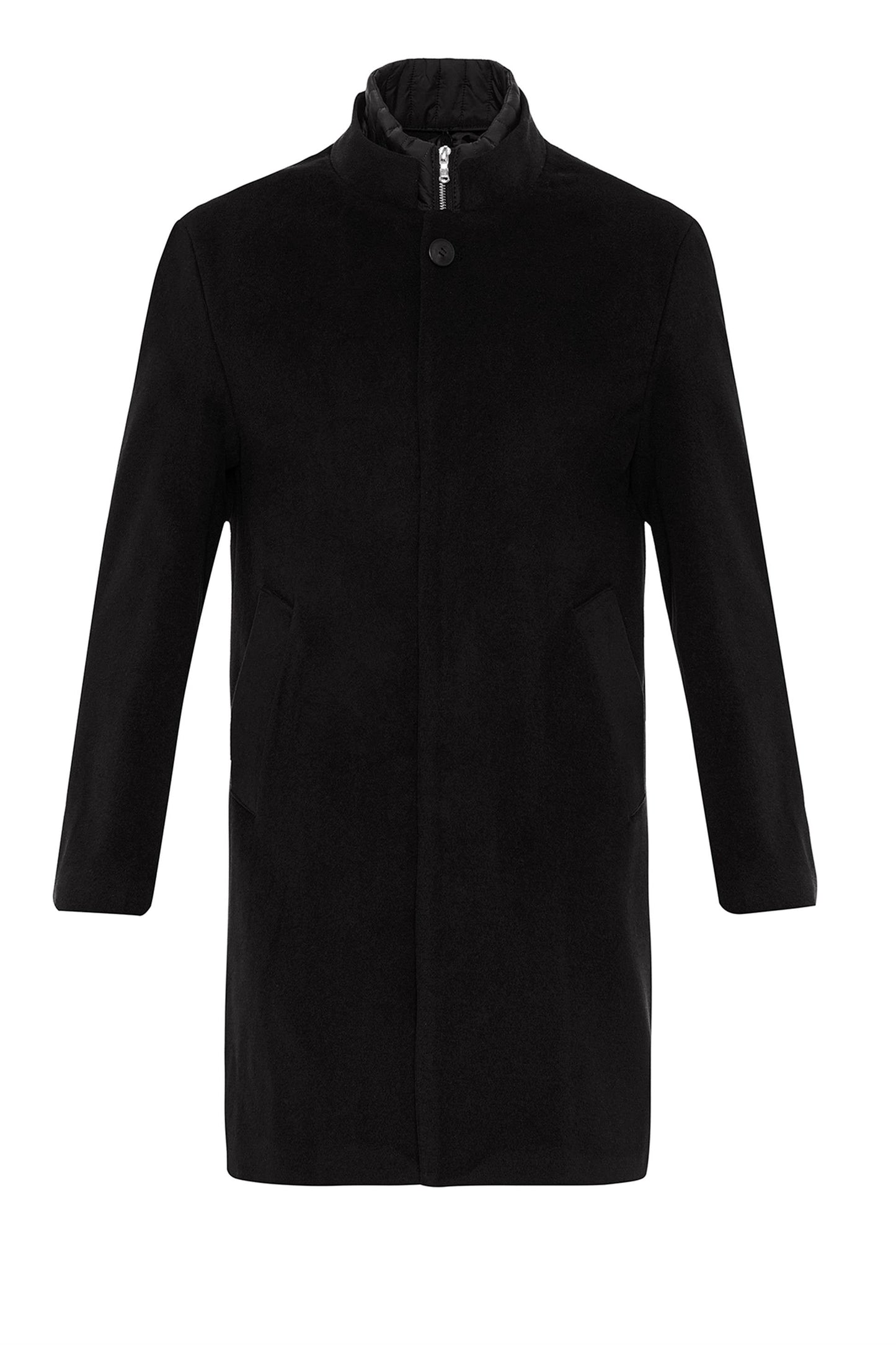 Black High Collar Men's Coat with Hidden Button Detail