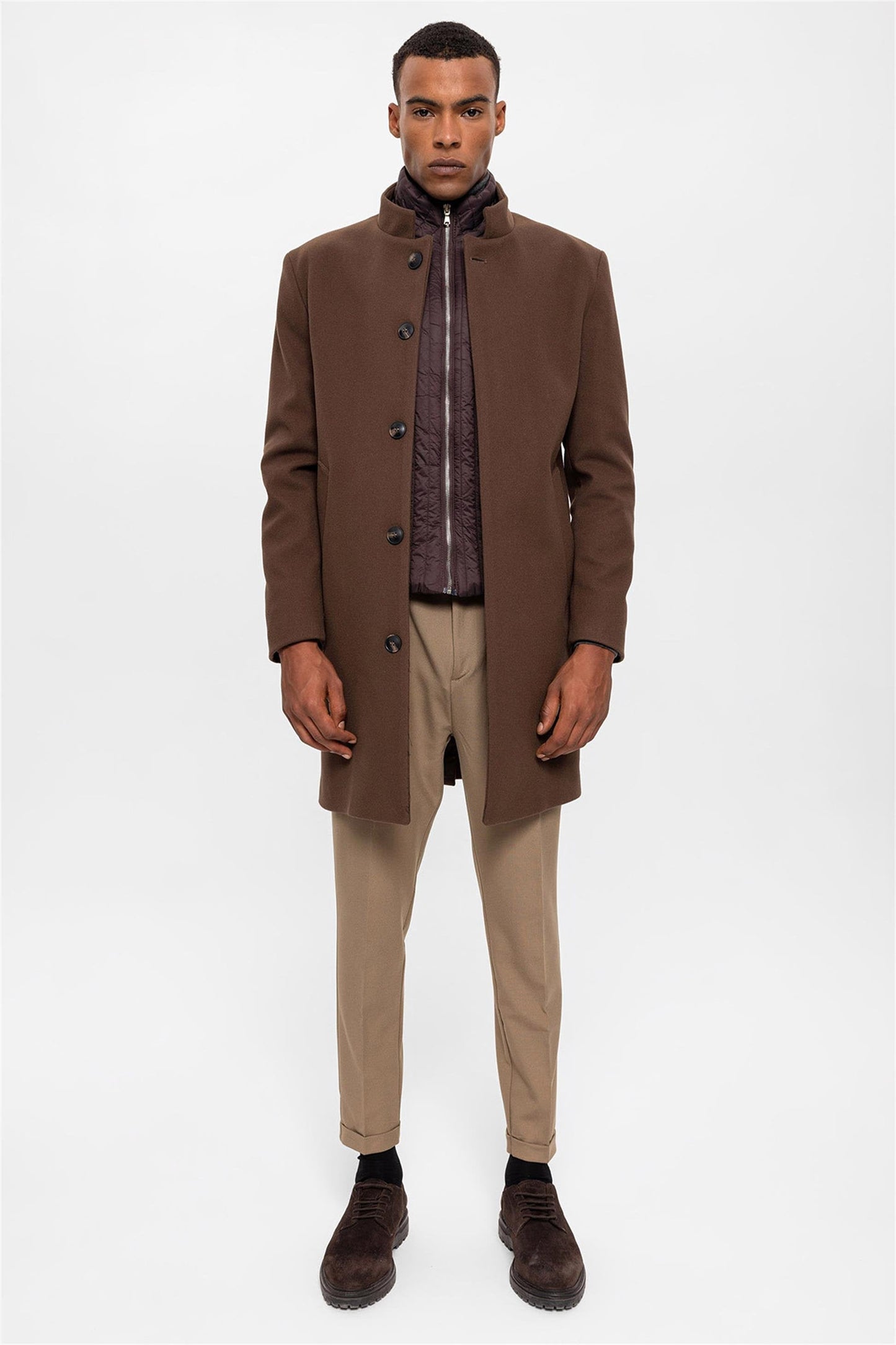 Brown High Collar Men's Coat with Hidden Button Detail